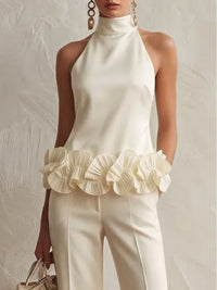 Conjunto Elegante Blanco con cuello alto y flores en 3D - Blanco