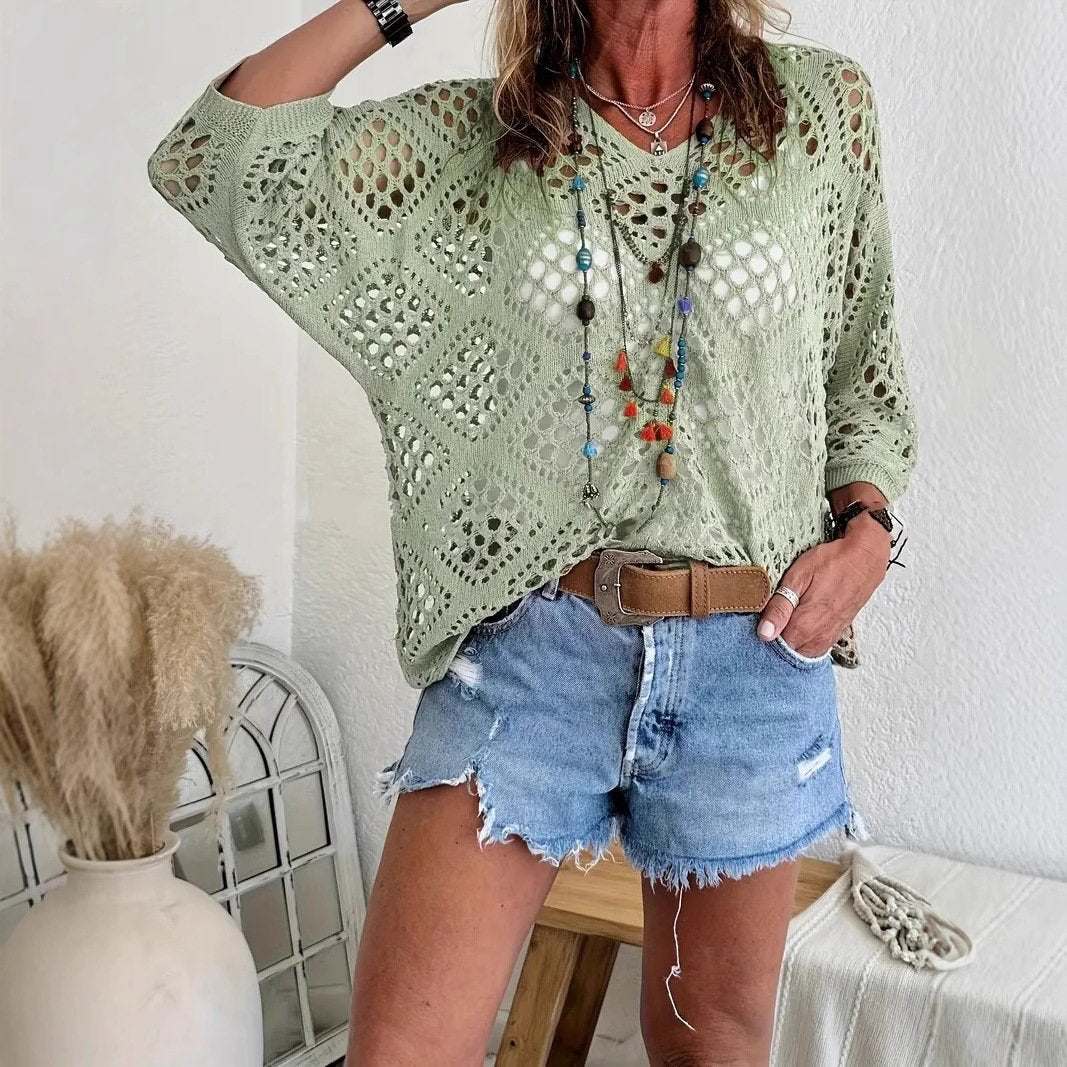 Blusa Boho con escote en V, calado, manga murciélago y punto - Caqui