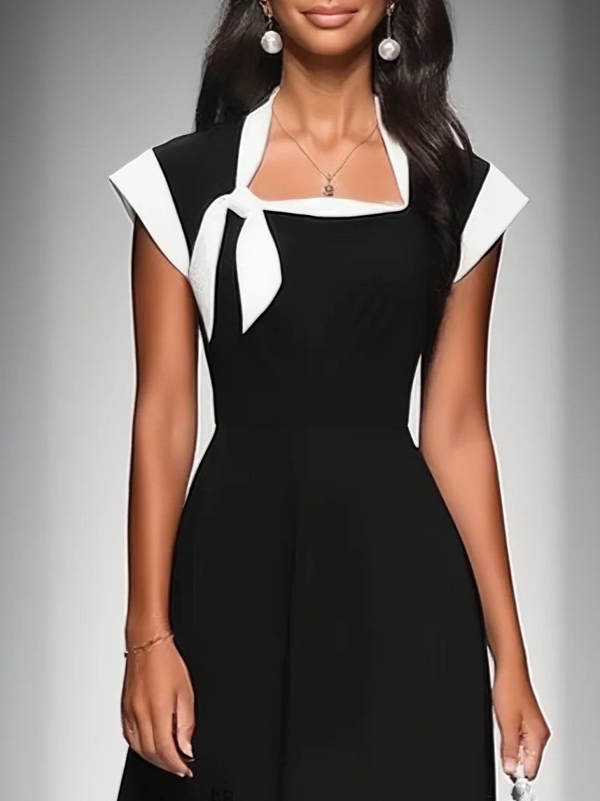 Vestido Midi Negro Colorblock con Cuello Cuadrado y Manga Corta
