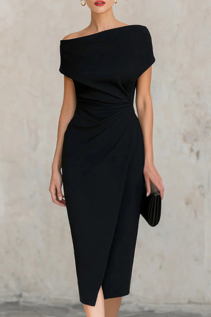Vestido Midi Elegante Manga Corta con plisado - Negro