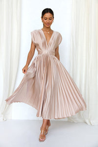 Vestido Midi Elegante con satén, plisado, escote en V y caída fluida - Rosa