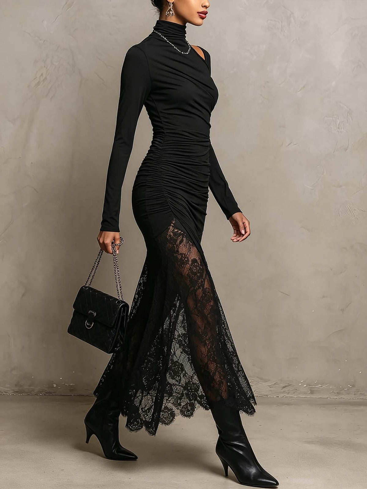 Vestido Largo Negro Manga Larga con cut out, fruncido, punto y encaje - Negro
