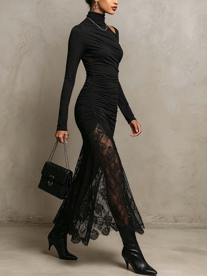 Vestido Largo Negro Manga Larga con cut out, fruncido, punto y encaje - Negro
