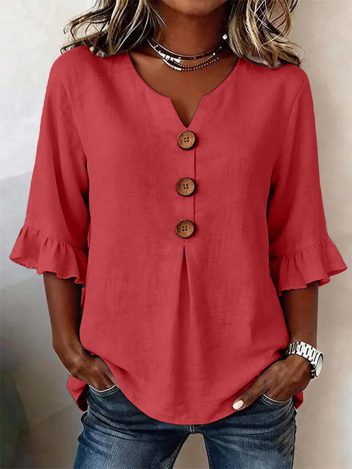 Blusa Casual con escote en V y volante - Azul Cielo
