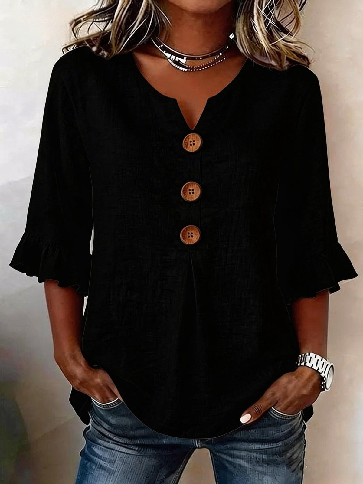 Blusa Casual con escote en V y volante - Blanco