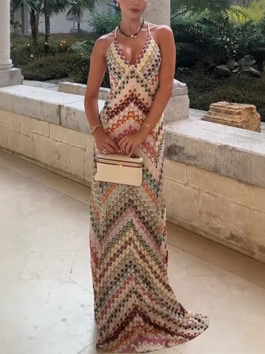 Vestido Largo con ganchillo, tirantes finos, escote en V y estampado - Multicolor