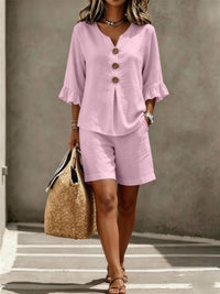 Conjunto de Short con botones delanteros, escote en V y volantes - Caqui