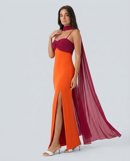 Vestido Largo Drapeado Bicolor