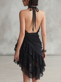 Minivestido Negro con escote halter, encaje y volantes - Negro