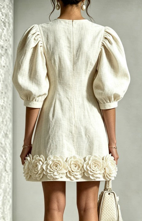 Vestido Estampado Blanco con flores en 3D, manga abullonada, algodón y lino - Blanco