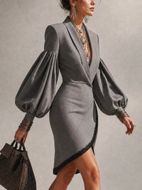 Vestido Largo Gris con manga abullonada y cruzado - Gris