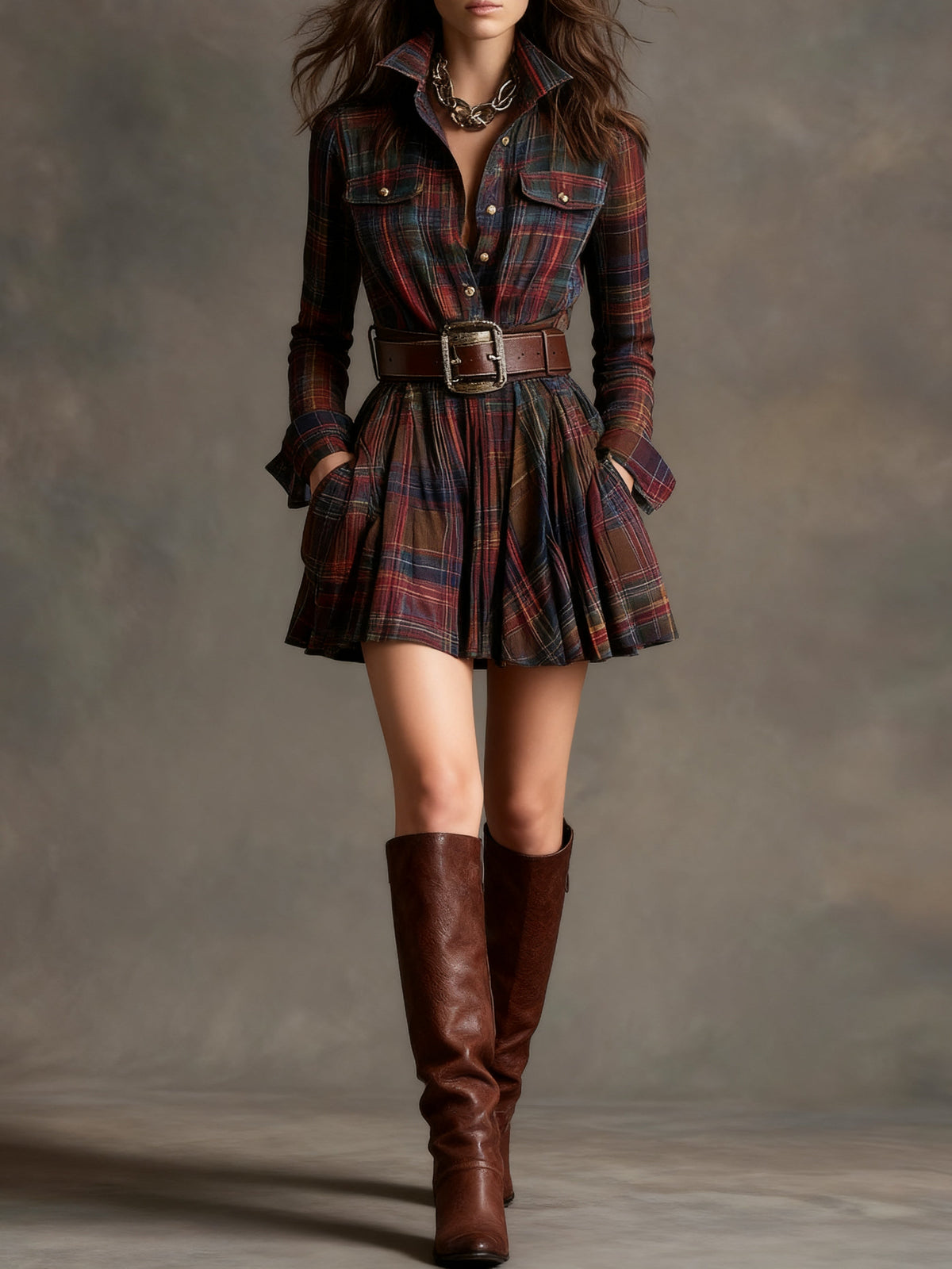 Minivestido Vintage con cuadros y cinturón - Marrón Roj izo