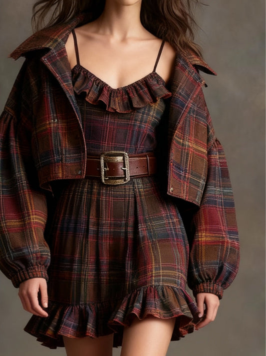 Conjunto Vintage Corte Holgado con cuadros, volante y cinturón - Chaqueta