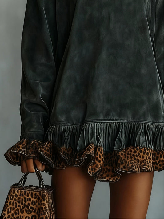 Minivestido Gris Oscuro con cuello vuelto, ante, estampado de leopardo y estampado - Gris Oscuro