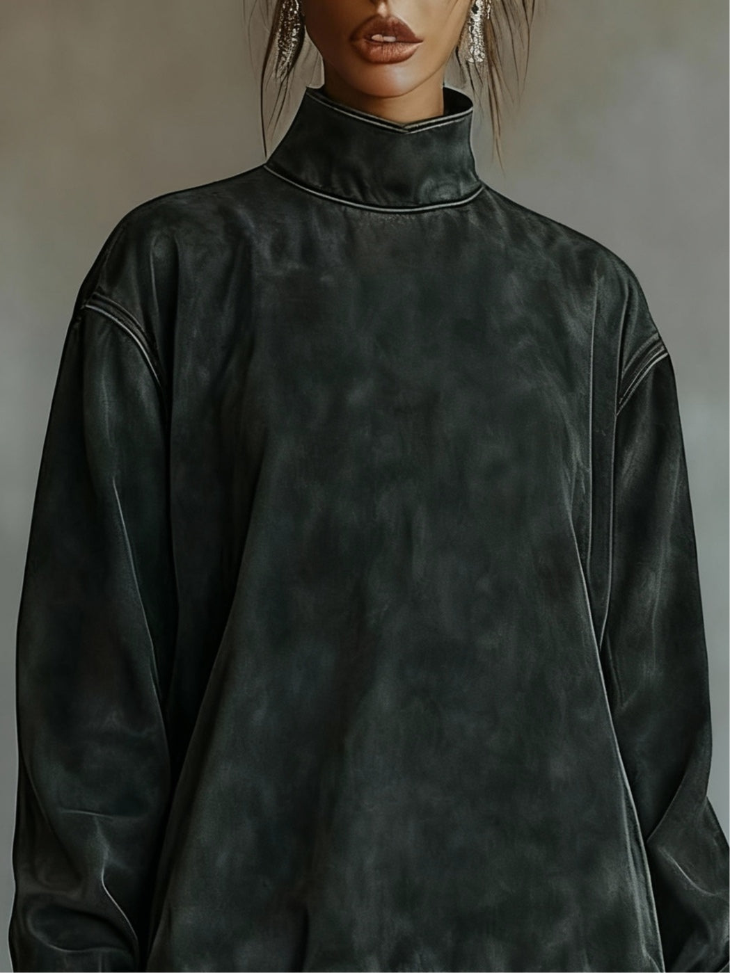 Minivestido Gris Oscuro con cuello vuelto, ante, estampado de leopardo y estampado - Gris Oscuro