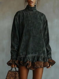 Minivestido Gris Oscuro con cuello vuelto, ante, estampado de leopardo y estampado - Gris Oscuro