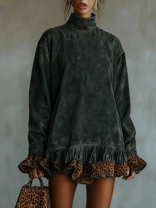 Minivestido Gris Oscuro con cuello vuelto, ante, estampado de leopardo y estampado - Gris Oscuro