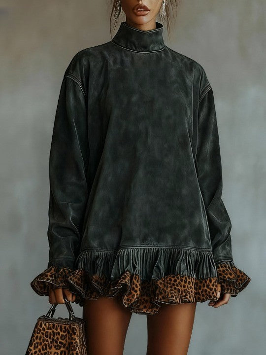 Minivestido Gris Oscuro con cuello vuelto, ante, estampado de leopardo y estampado - Gris Oscuro