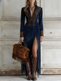 Vestido Largo con bordado, ante y flecos - Azul