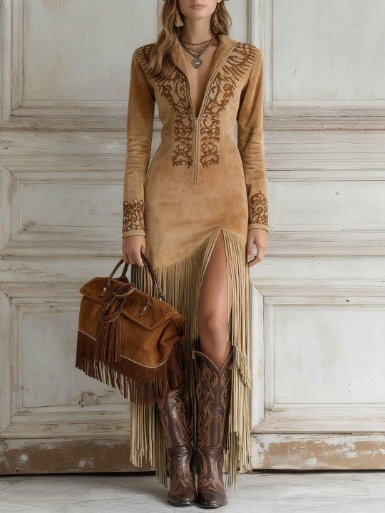 Vestido Largo con bordado, ante y flecos - Azul