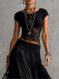 Conjunto de Falda Negro con transparente, paneles de encaje y plisado - Negro
