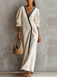 Vestido Largo Beige con mezcla de lino, escote en V, cruzado y ribete a contraste - Beige