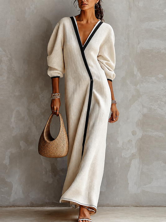 Vestido Largo Beige con mezcla de lino, escote en V, cruzado y ribete a contraste - Beige