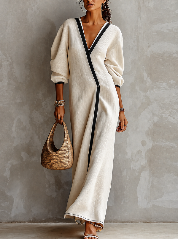 Vestido Largo Beige con mezcla de lino, escote en V, cruzado y ribete a contraste - Beige