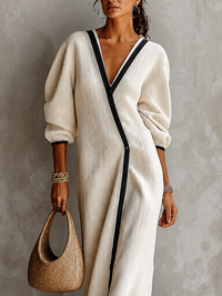 Vestido Largo Beige con mezcla de lino, escote en V, cruzado y ribete a contraste - Beige