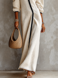 Vestido Largo Beige con mezcla de lino, escote en V, cruzado y ribete a contraste - Beige