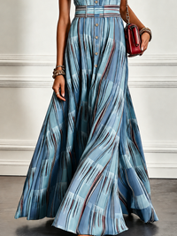 Vestido Largo Azul Sin Mangas con cuello camisero, botones delanteros, corte en A y largo hasta el suelo - Azul