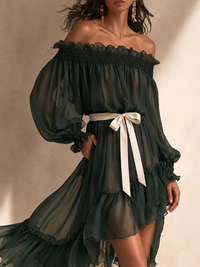 Vestido Midi Verde Oscuro Manga Larga con hombros descubiertos, gasa, lazo y fajín - Verde Oscuro
