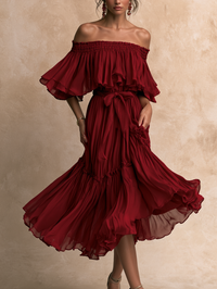 Vestido Largo Rojo con hombros descubiertos, volante, lazada en la cintura y volantes escalonados - Rojo