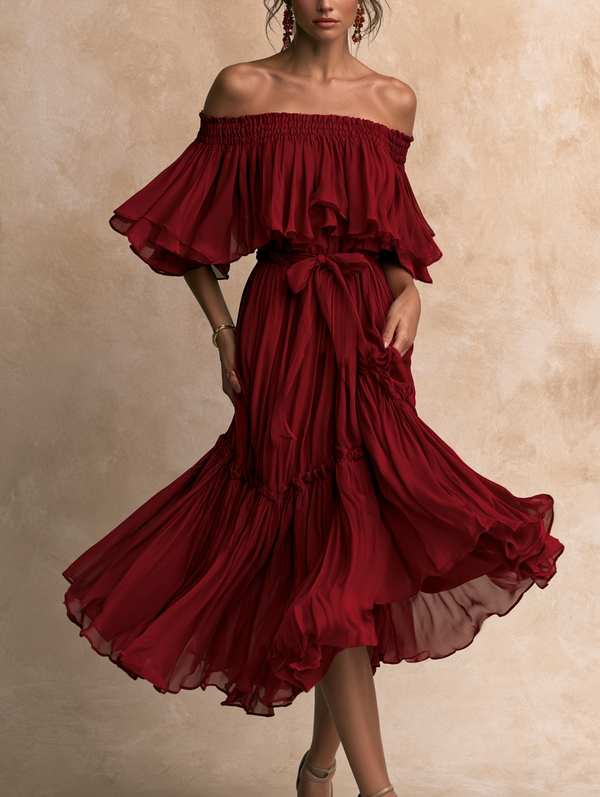 Vestido Largo Rojo con hombros descubiertos, volante, lazada en la cintura y volantes escalonados - Rojo