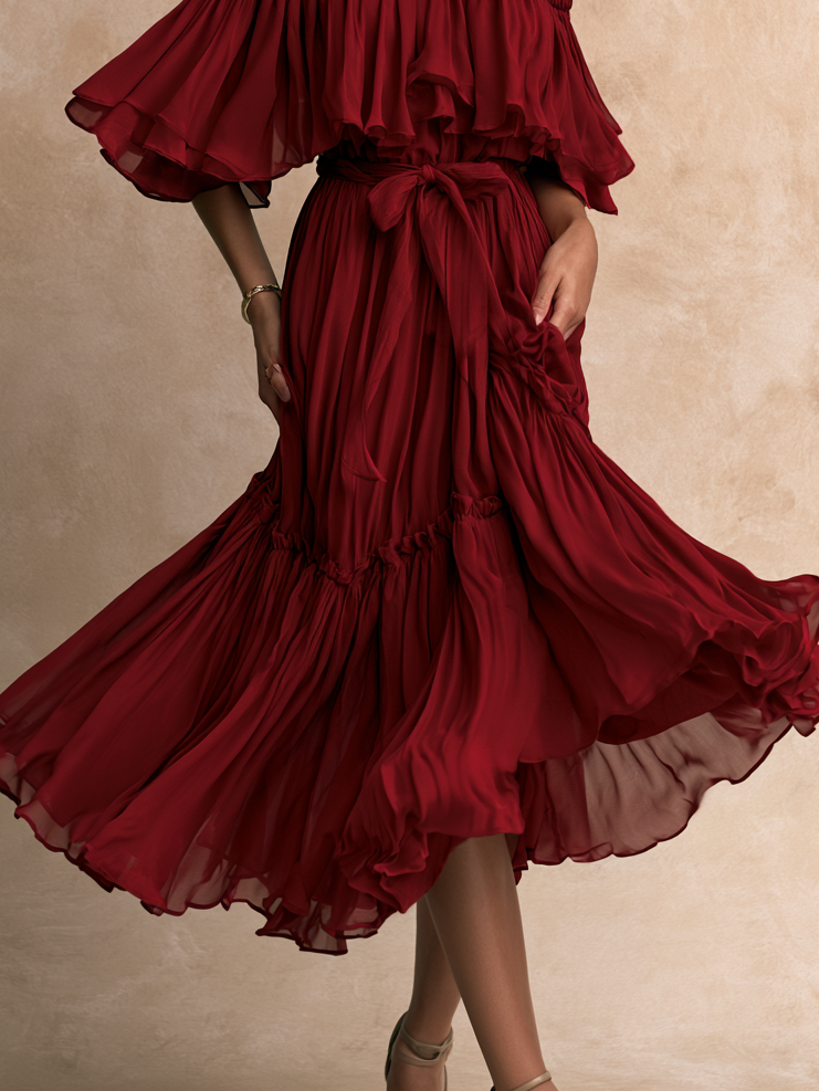 Vestido Largo Rojo con hombros descubiertos, volante, lazada en la cintura y volantes escalonados - Rojo