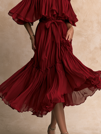 Vestido Largo Rojo con hombros descubiertos, volante, lazada en la cintura y volantes escalonados - Rojo