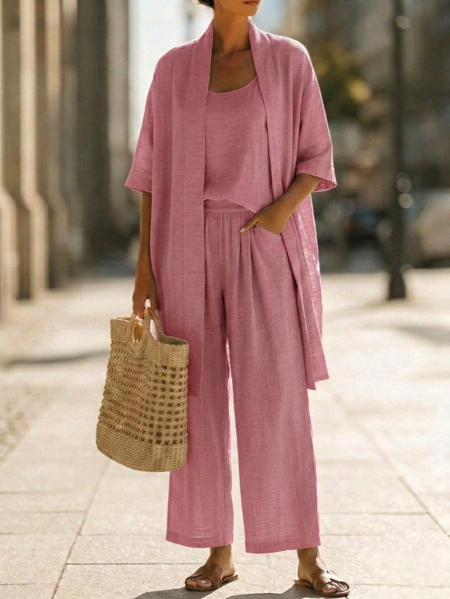 Conjunto de Tres Piezas Minimalista con lino y algodón - Carmesí
