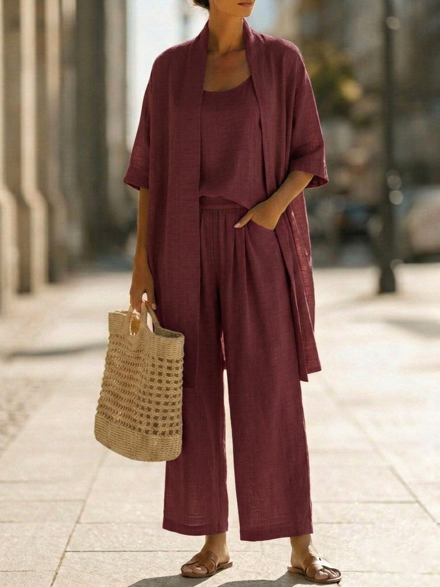 Conjunto de Tres Piezas Minimalista con lino y algodón - Carmesí