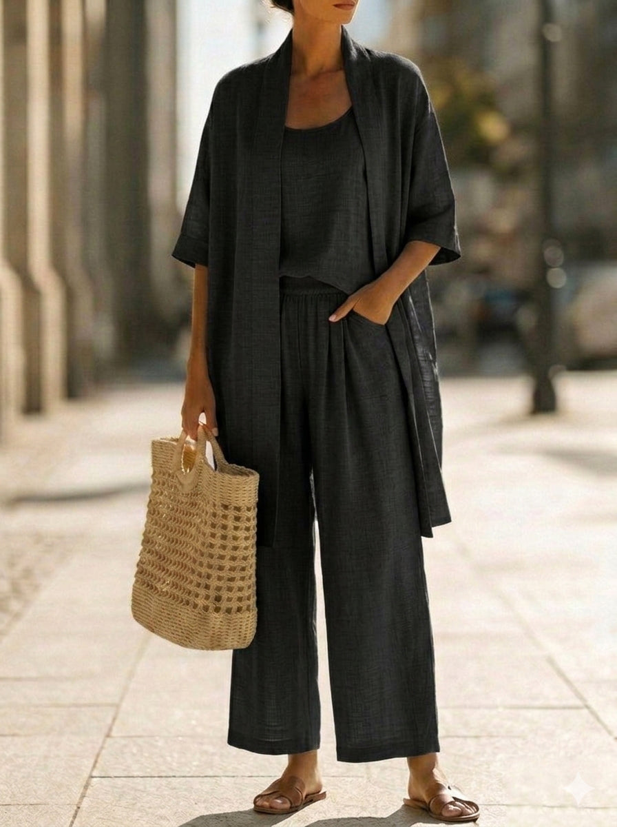 Conjunto de Tres Piezas Minimalista con lino y algodón - Carmesí