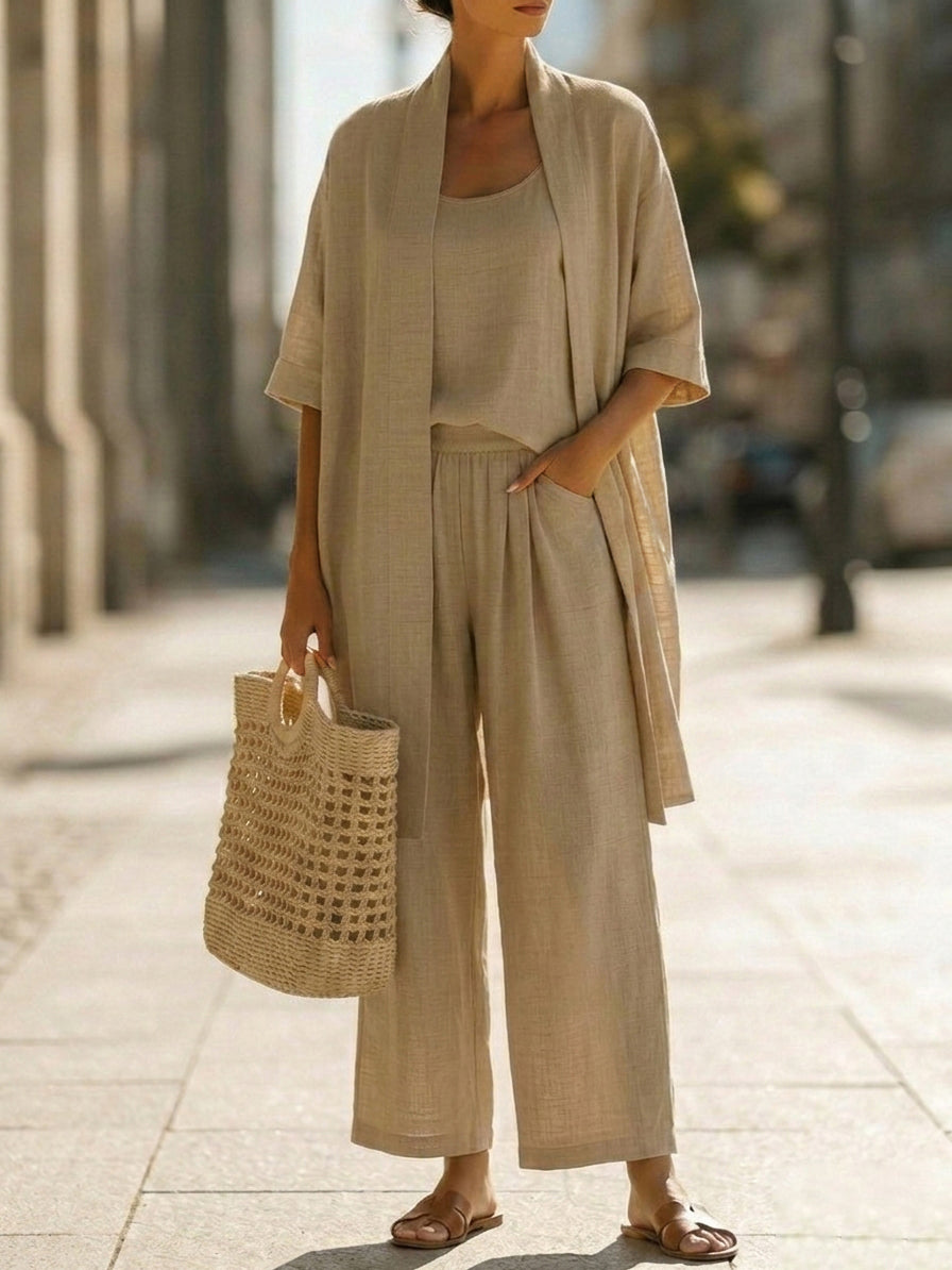 Conjunto de Tres Piezas Minimalista con lino y algodón - Carmesí