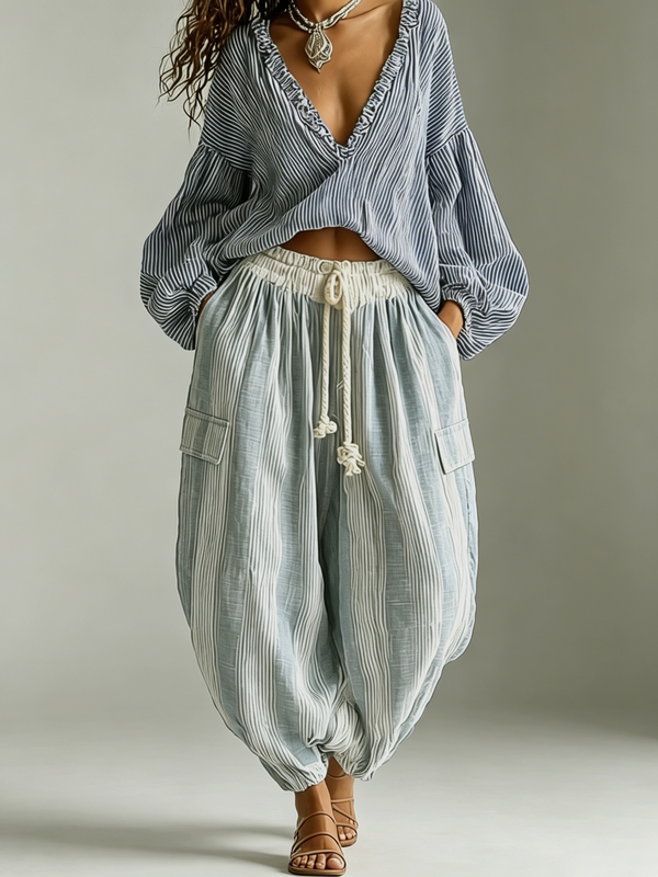 Conjunto de Dos Piezas Boho Azul con a rayas - Azul