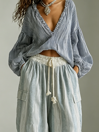 Conjunto de Dos Piezas Boho Azul con a rayas - Azul