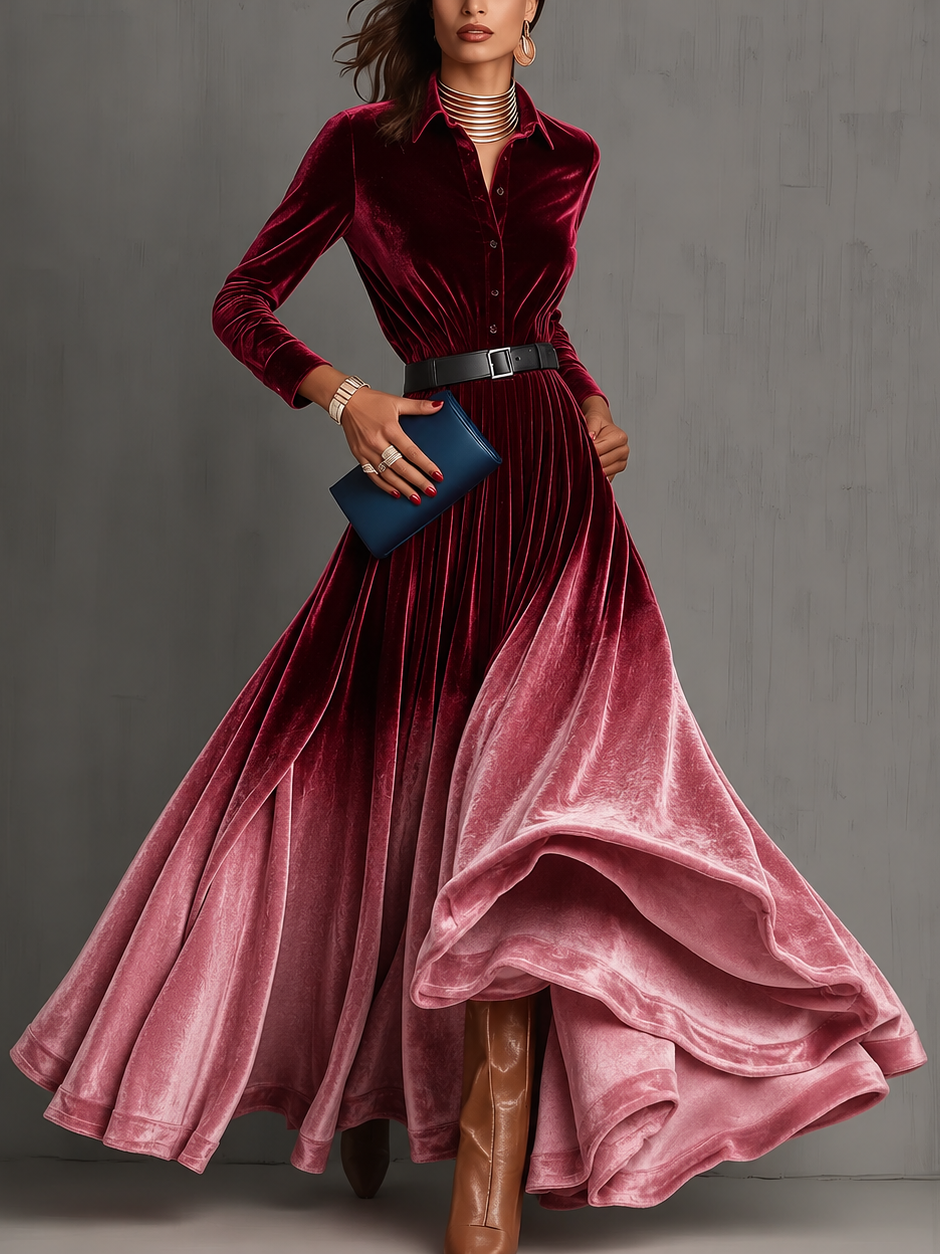 Vestido de Fiesta Largo Rojo Manga Larga con degradado, terciopelo, cuello camisero y cinturón - Rojo