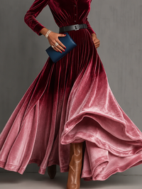 Vestido de Fiesta Largo Rojo Manga Larga con degradado, terciopelo, cuello camisero y cinturón - Rojo