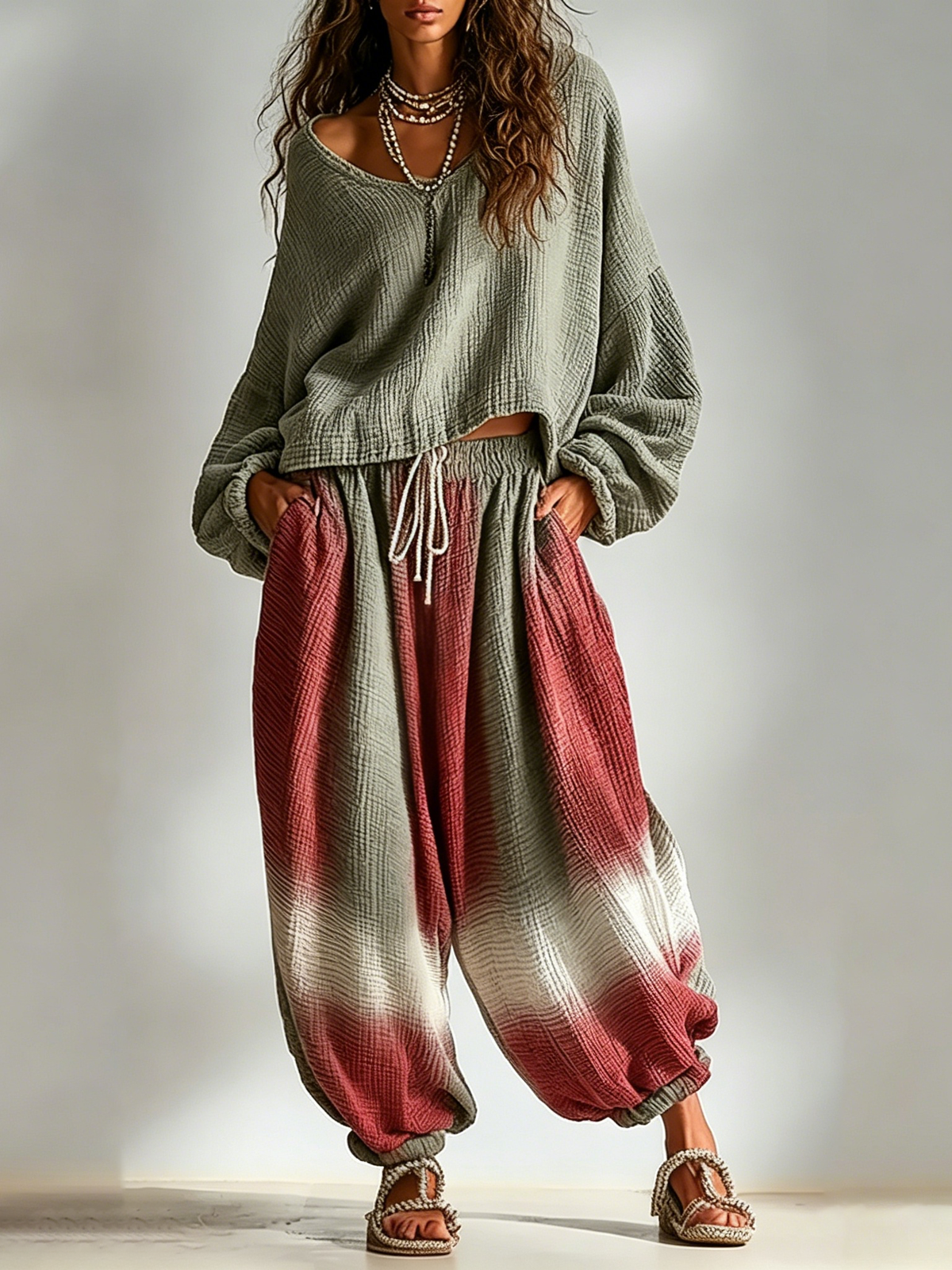 Conjunto Boho Verde Militar Corte Holgado con degradado - Verde Militar