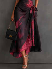 Vestido Largo Manga Corta con estampado abstracto, cruzado, cuello camisero y escote en V - Negro