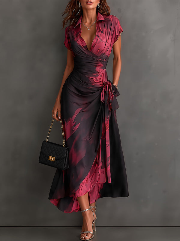 Vestido Largo Manga Corta con estampado abstracto, cruzado, cuello camisero y escote en V - Negro