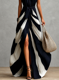 Vestido Largo Fiesta Azul Marino con cuello camisero, cruzado, lazada en la cintura y abertura alta - Azul Marino