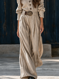 Conjunto Beige con mezcla de lino y pierna ancha - Beige