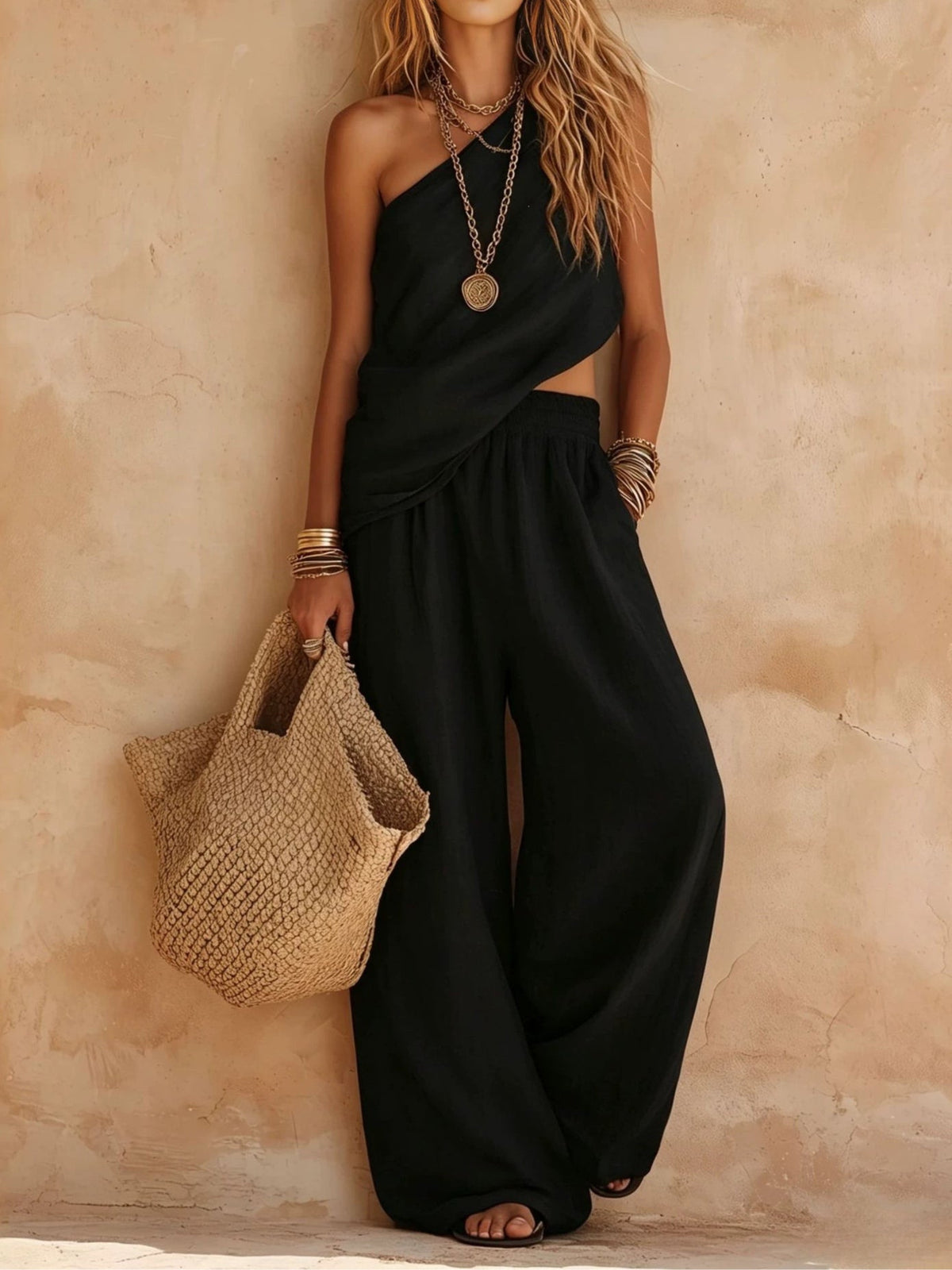 Conjunto Casual Sin Mangas con un solo hombro - Negro